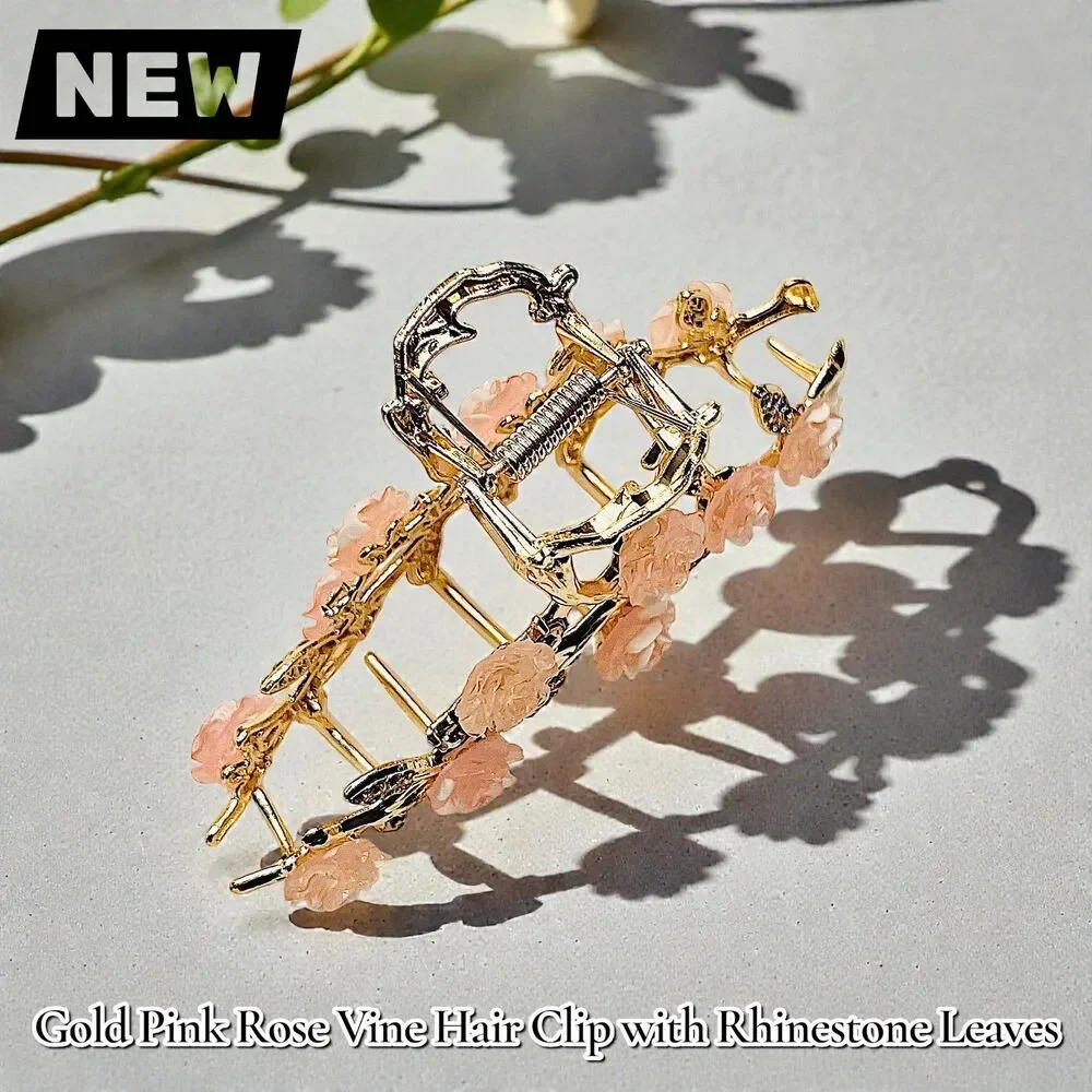 New Gold Pink Rose Vine Hair Clip with Rhinestone Leaves